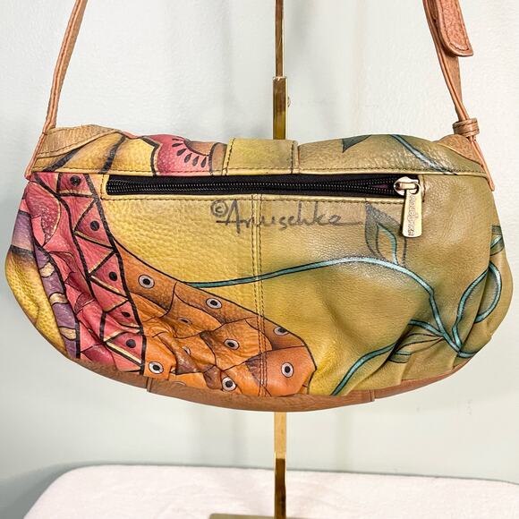 Anuschka Shoulder Bag Womens Tan Floral Genuine Leather Handpainted Art Handbag - Picture 11 of 11
